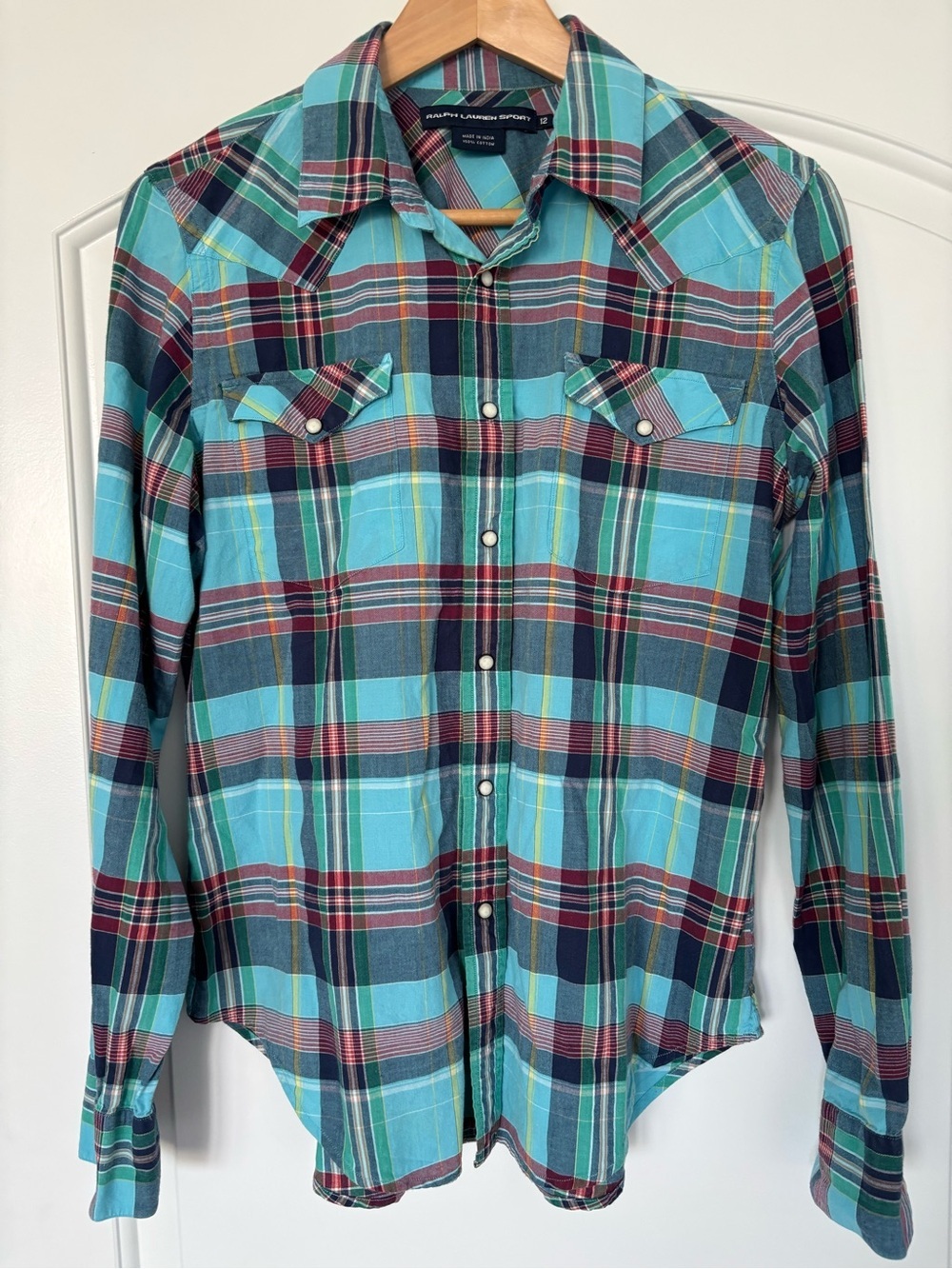 Ralph Lauren Sport womens size 12 Pearl Snap Western Plaid Shirt